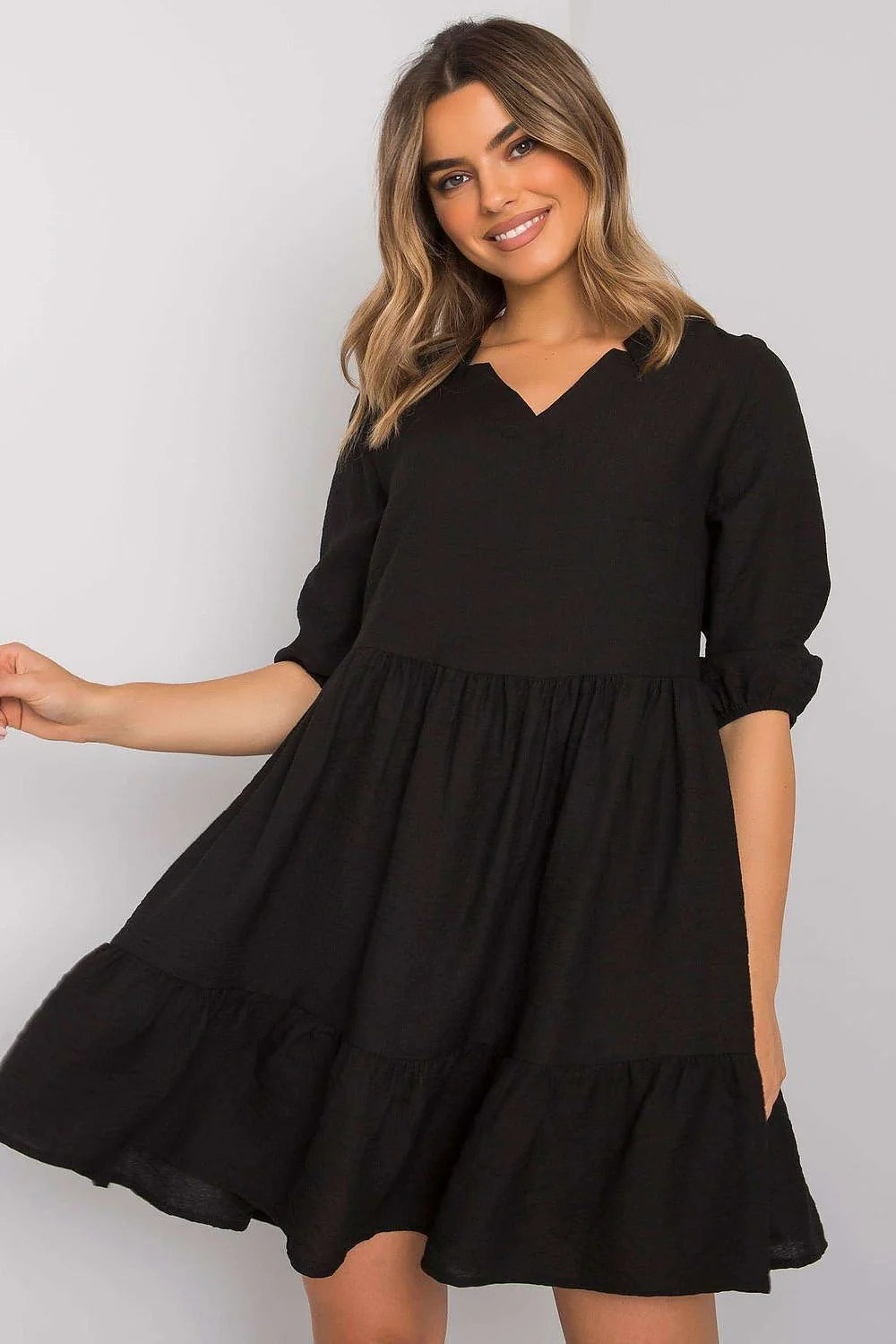 Robe de jour Ex Moda design moderne élégante polyvalente couleur noire taille ajustable manches 3/4 volants femme