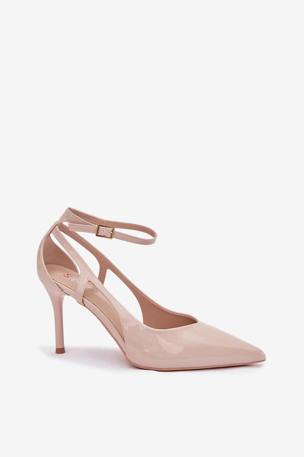 escarpins femme faux cuir verni nude rosé bout pointu talon stiletto haut bride cheville réglable boucle fine coudepied silhouette élancée