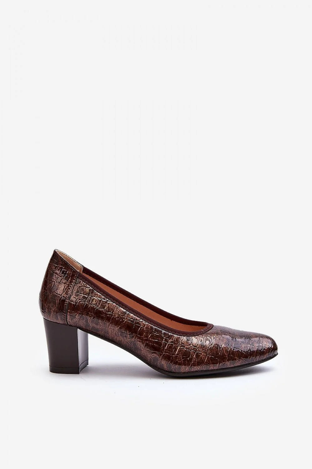 escarpins femme similicuir verni effet croco brun chocolat talon carré moyen stable bout arrondi empeigne basse semelle caoutchouc