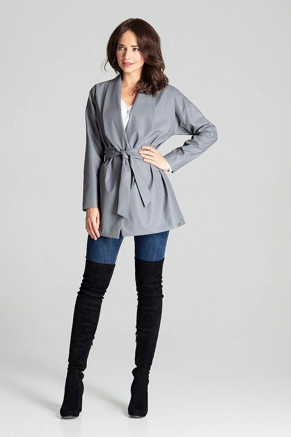 Blazer femme en cuir écologique moderne élégant ceinture amovible manches longues ajustable gris polyvalent