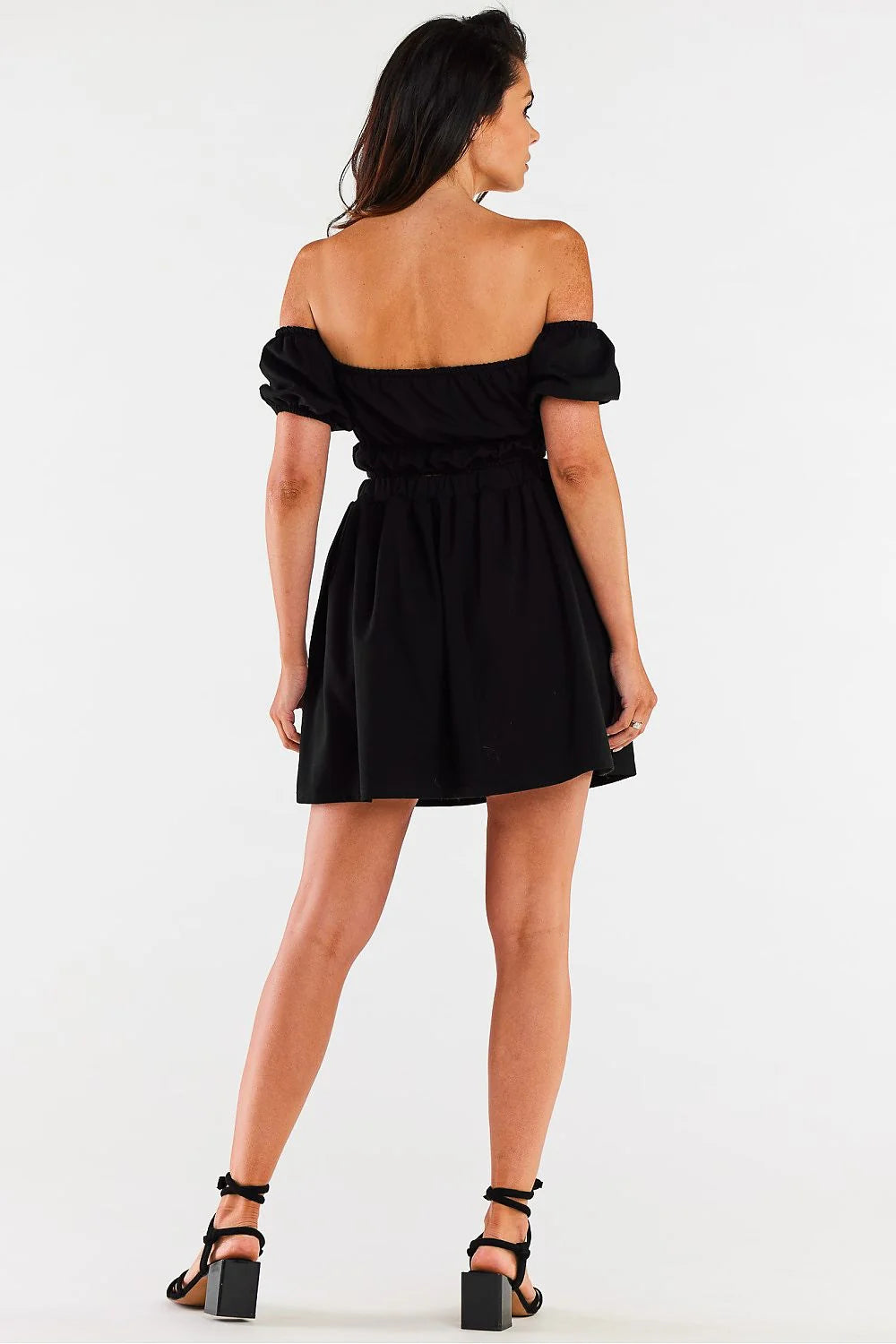 Tenue femme deux pièces élégante top court sans épaules jupe haute taille élastique noire fashion