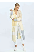 Cardigan long maille femme design contemporain style décontracté motif blocs couleurs beige crème jaune gris