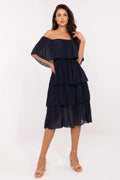 Robe cocktail Och Bella bohème chic manches courtes évasées encolure bateau volants superposés couleur bleu marine polyester viscose doublure