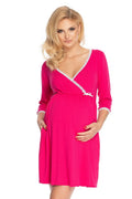 Chemise de nuit jersey croisée maternité élégante rose vif dentelle confort allaitement manches 3/4