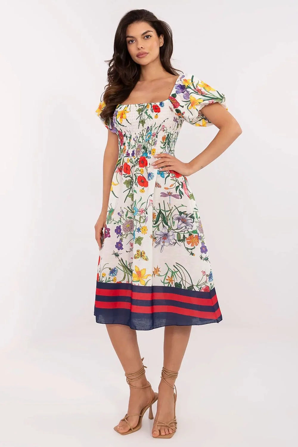 Robe d'été romantique en lin coton motif floral multicolore manches bouffantes col carré taille élastiquée robe A-line mi-mollet femme occasion été