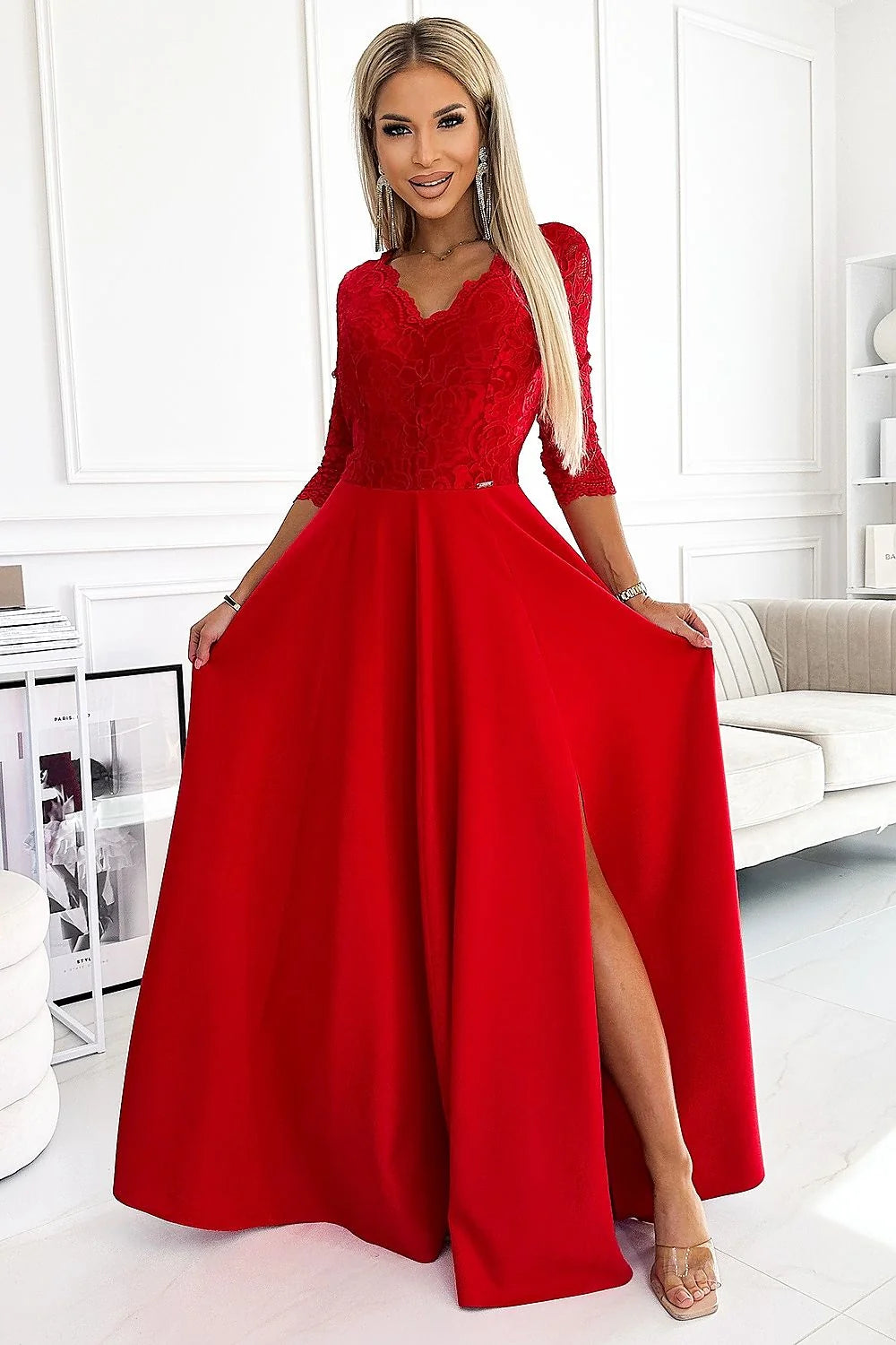 Robe longue élégante en dentelle rouge décolleté cœur manches 3/4 fente jupe polyester elasthanne femme