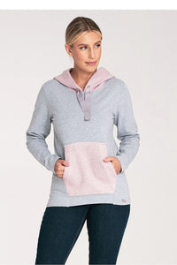 Pull femmes moderne confortable couleur grise détails roses matière douce coton polyester manches longues capuche large poche kangourou taille ajustée style casual élégant