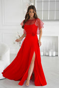 robe longue soirée gala rouge fendue évasée chiffon fluide bretelles fines tulle sequins manches papillon bolero pailleté rose appliquée ceinture