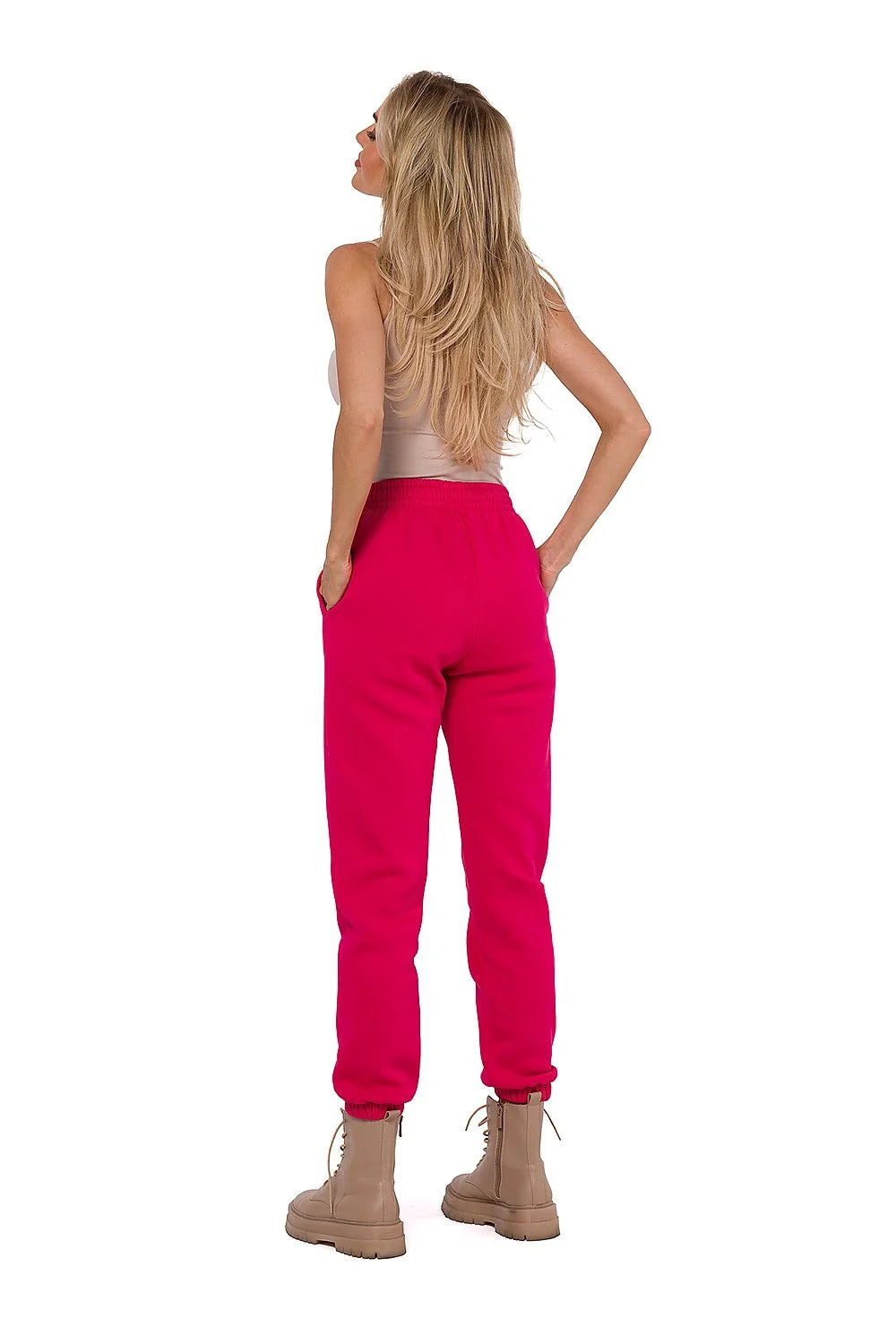 Pantalon survêtement Moe rose vif, haut sans manches beige, style décontracté, coupe ajustée, tissu coton polyester, tailles S à XXL