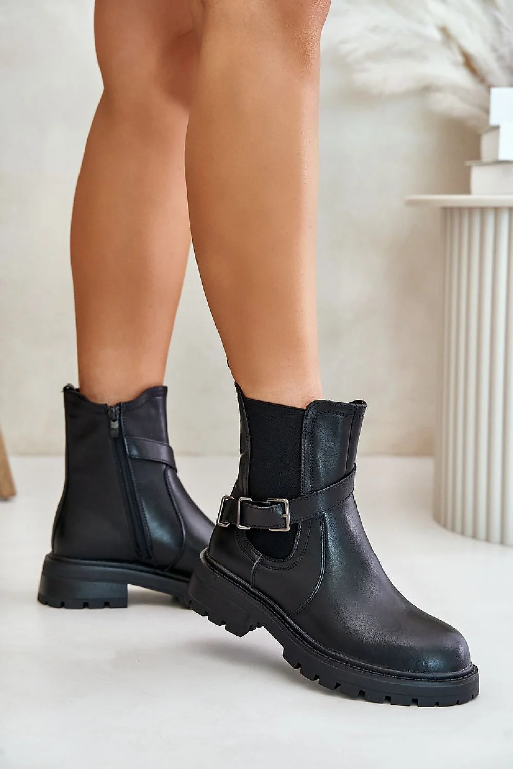 Bottines Jodhpur pour femmes en cuir naturel noir design moderne confortable fermeture éclair tige cheville élastique sangle ajustable