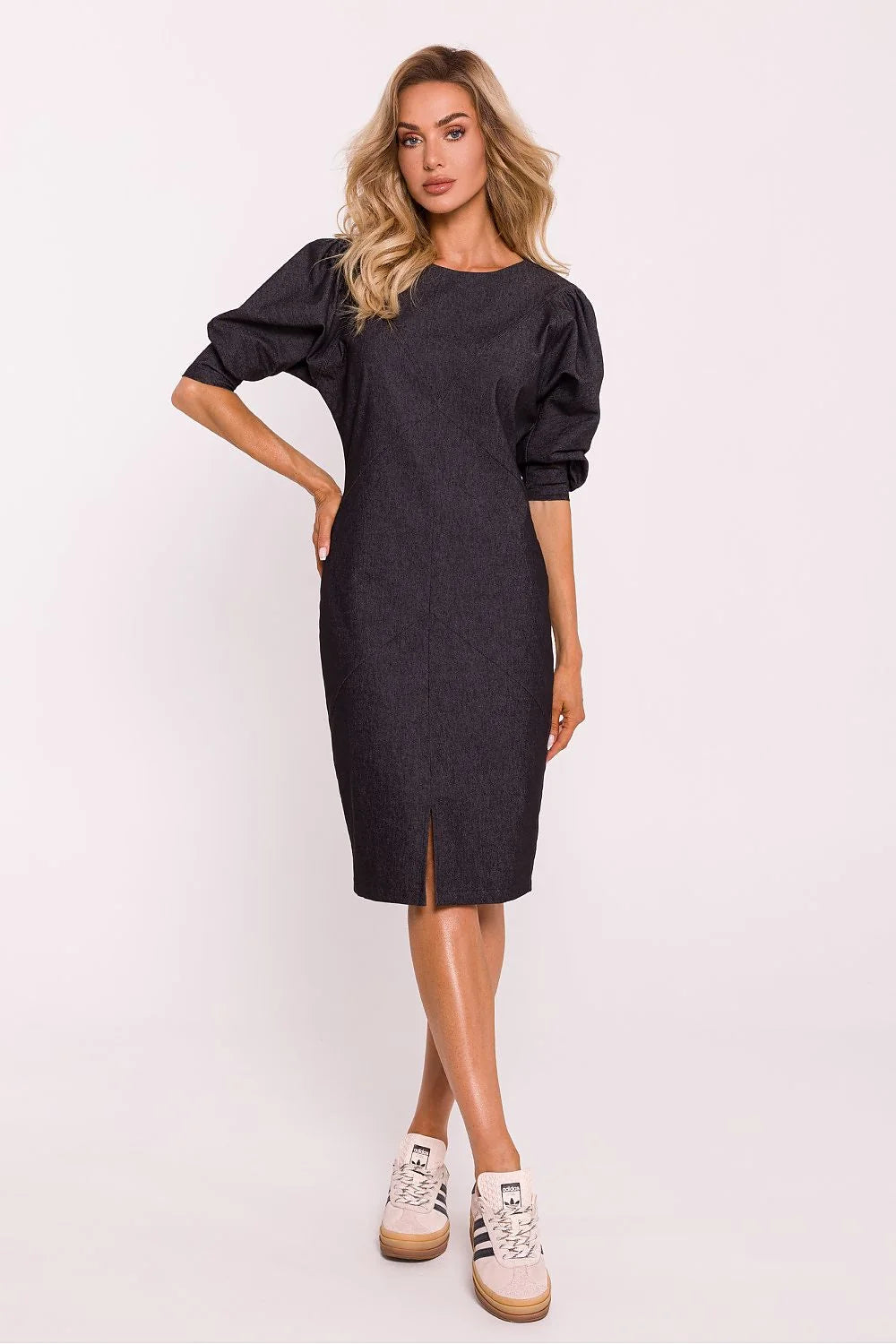 Robe de jour élégante effet denim coupe crayon manches ballon coloris gris foncé taille ajustable femme