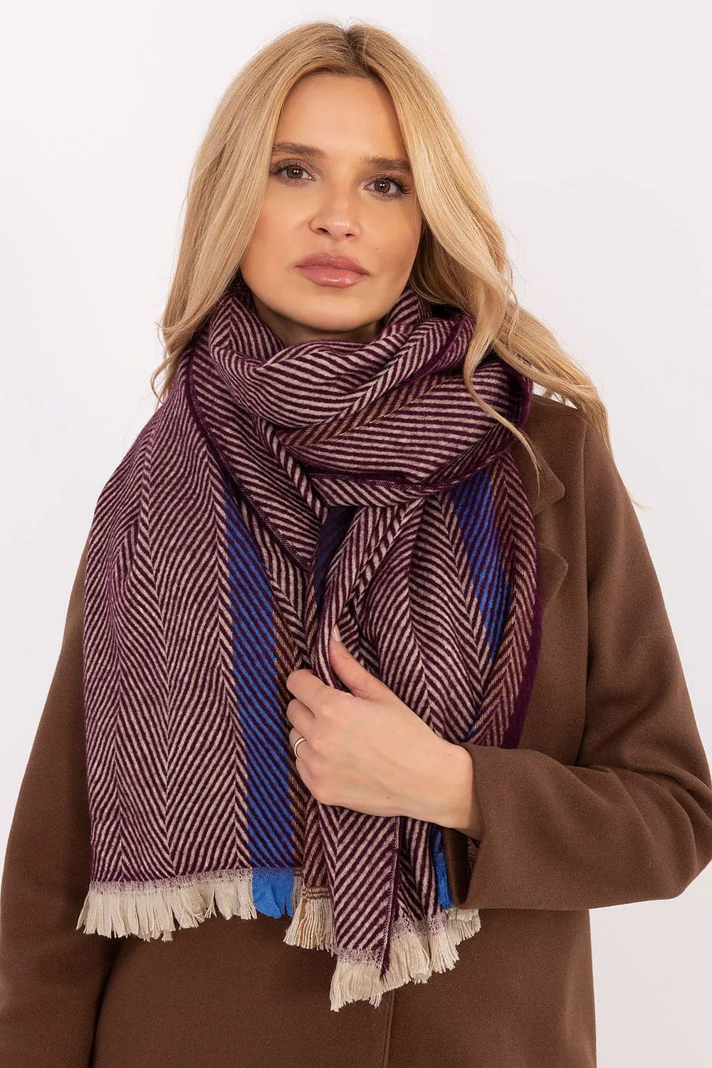 Écharpe d'hiver élégante en viscose motif chevrons violet bleu beige longueur 194 cm femmes