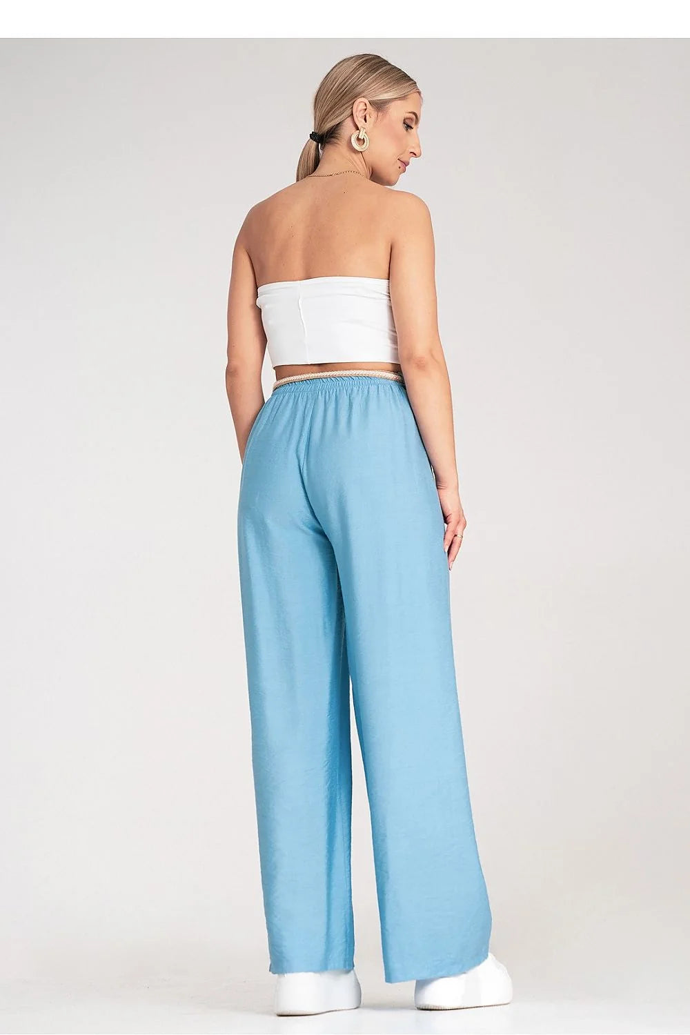 Pantalon femme Figl boho taille élastique ceinture tressée viscose 100% bleu clair style décontracté élégant été
