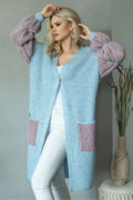 Cardigan Pee Ka Boo pour femme longueur totale maille épaisse manches longues multi-couleurs bleu rose gris encolure V unique bouton poches zippées doux et chaud