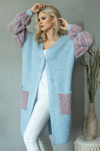 Cardigan acrylique polyamide polyester laine bleu rose gris côtelé manches longues ample encolure v poches zippées unique bouton