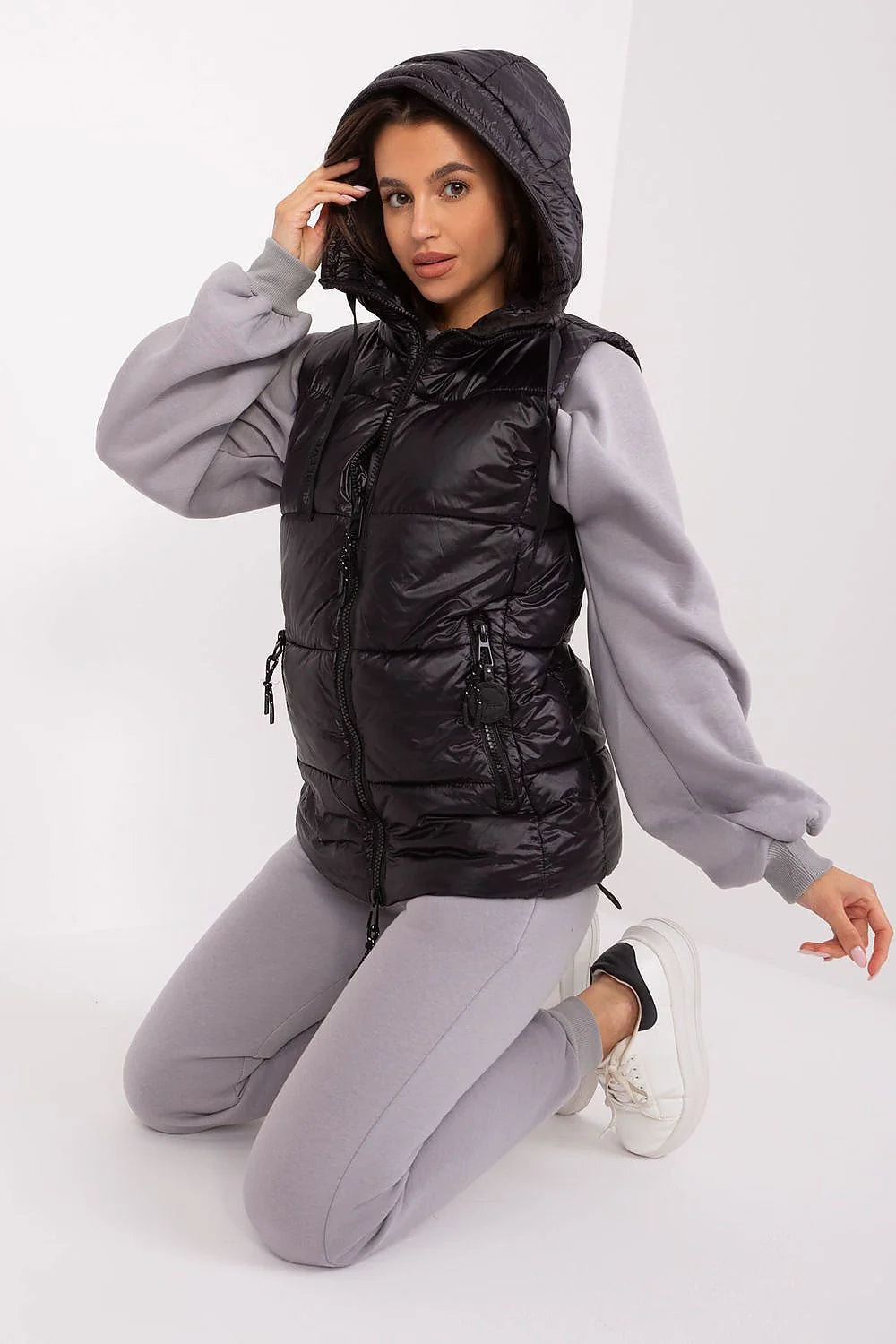 Gilet sans manches pour femme style urbain matelassé isolé capuche fermeture éclair polyamide 100%