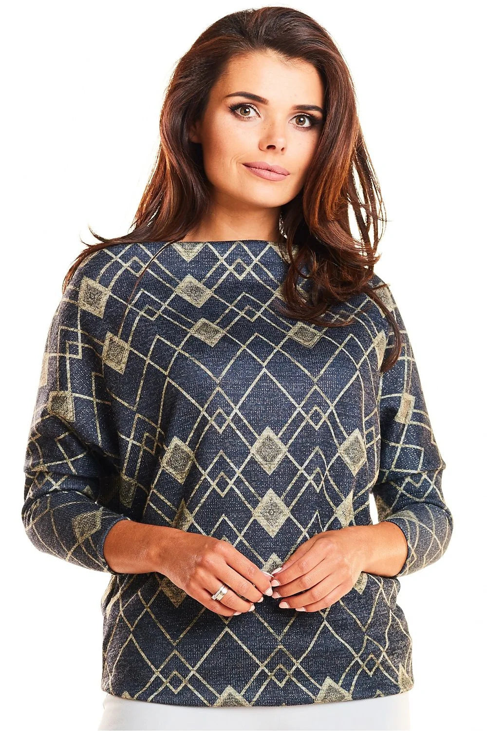 Pull bleu marine motifs dorés géométriques élégant ample confortable idéal femmes modernes style décontracté