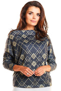 Pull bleu marine motifs dorés géométriques élégant ample confortable idéal femmes modernes style décontracté