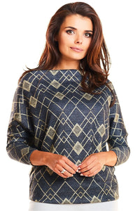 Pull bleu marine motifs dorés géométriques élégant ample confortable idéal femmes modernes style décontracté