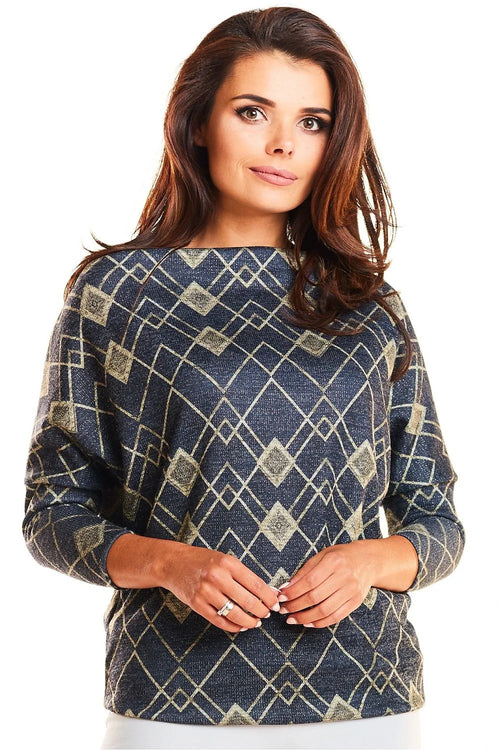 Pull bleu marine motifs dorés géométriques élégant ample confortable idéal femmes modernes style décontracté
