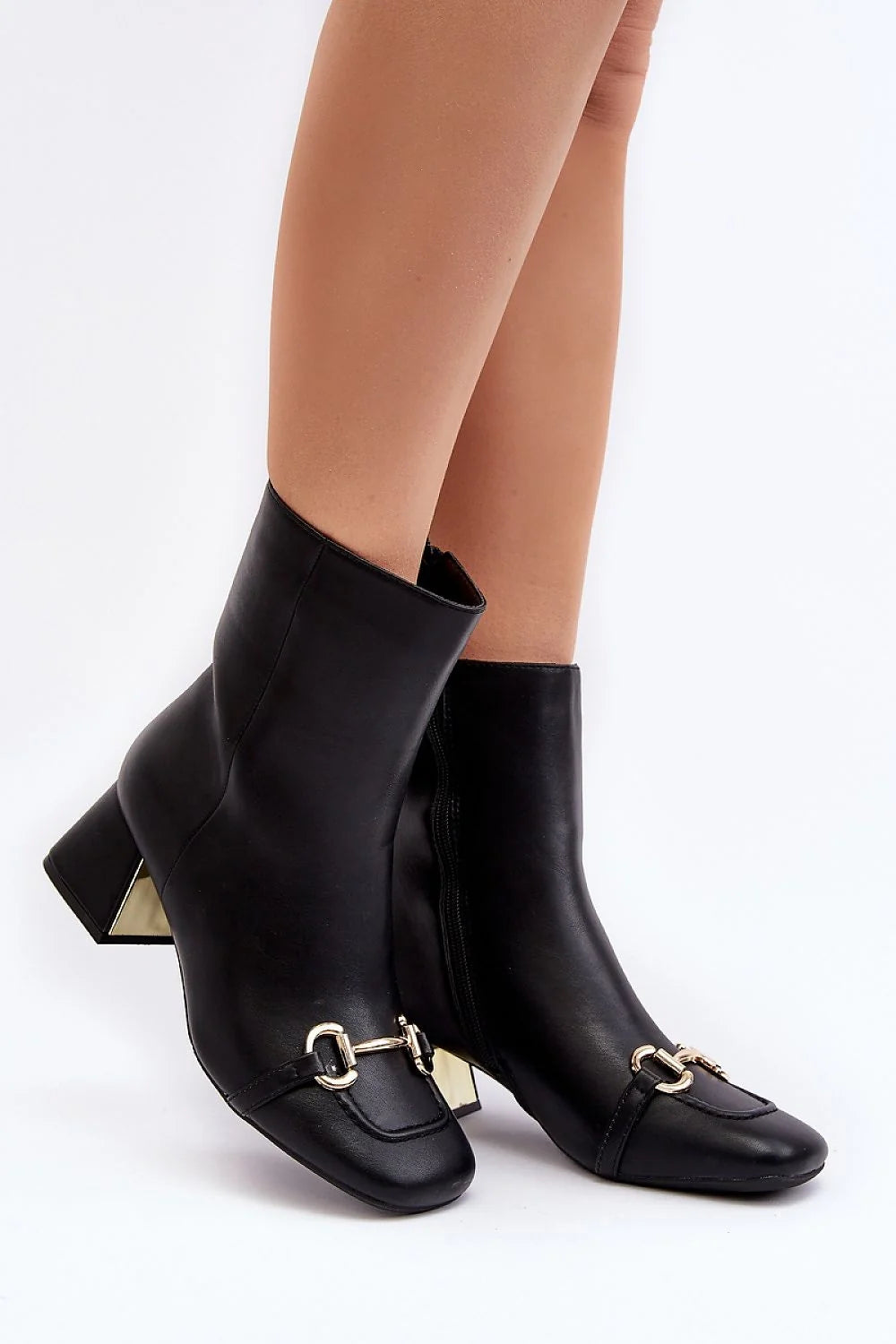 Bottes pour femmes en cuir artificiel élégantes à talon carré doré, style sophistiqué, fermeture éclair latérale, hauteur de tige 16 cm, idéales pour les occasions formelles et décontractées