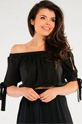 chemisier femme bardot épaules dégagées manches nouées courtes viscose extensible elasthanne noir cropped fluide ample confortable léger soyeux polonais qualité