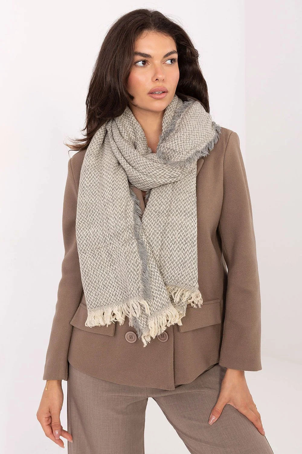 écharpe oversize femme beige gris perle chevrons franges maille épaisse douce enveloppante chaude 220cm 62cm polyvalente manteau chic