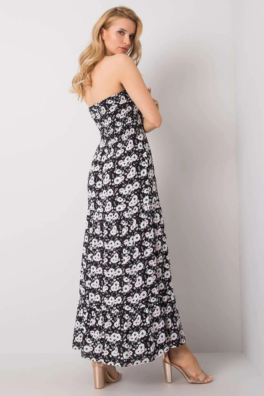 Robe de jour Fresh Made longue sans bretelles floral noir blanc rose clair élastique volants femme été