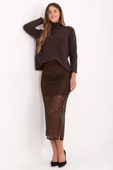 jupe dentelle midi crayon taille haute ajustée marron chocolat doublée courte empiècement floral ajouré mollet fente latérale ceinture élastique confortable