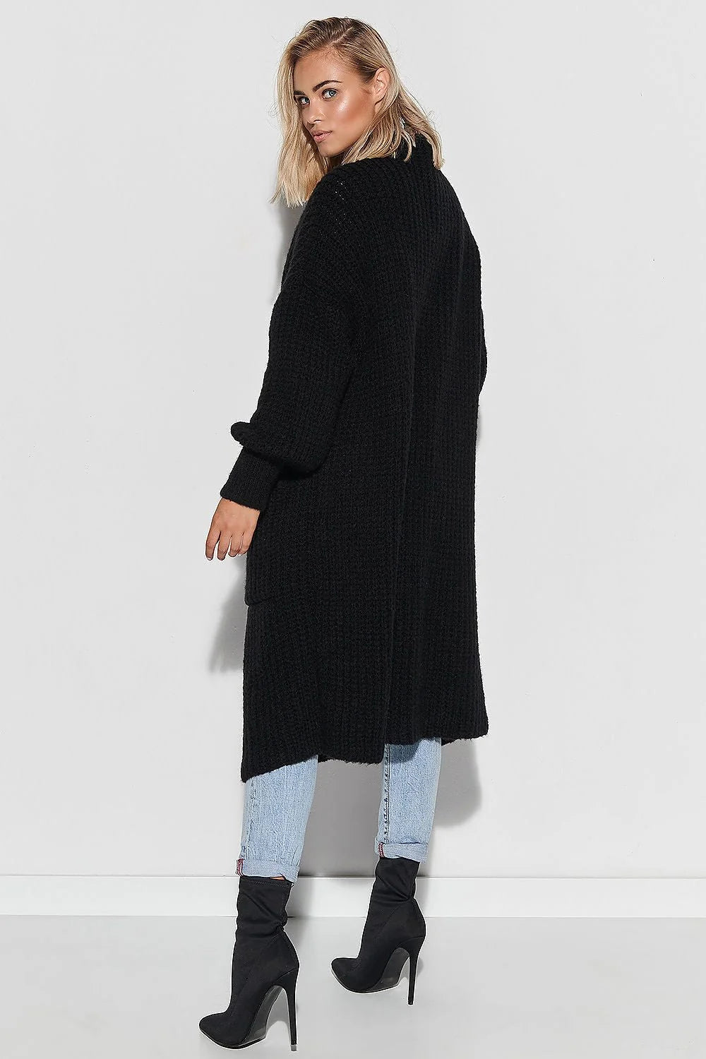 Cardigan long en laine noir Makadamia, style rétro, confort, élégant, mode casual pour femmes