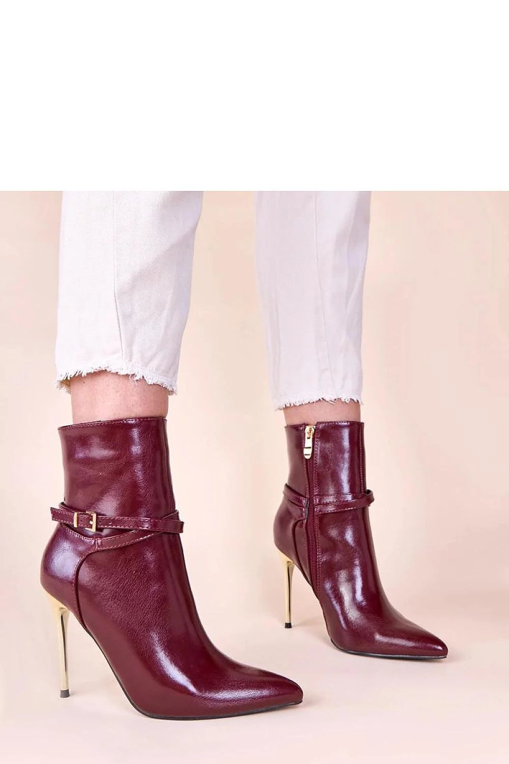 bottines bordeaux cuir brillant talon doré stiletto métal 10cm bout pointu cheville bride boucle dorée fermeture éclair latérale élégantes