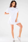 robe tshirt oversize courte blanche maille jersey douce coton elastane coupe droite ample col rond manches retroussees ourlet fluide minimaliste