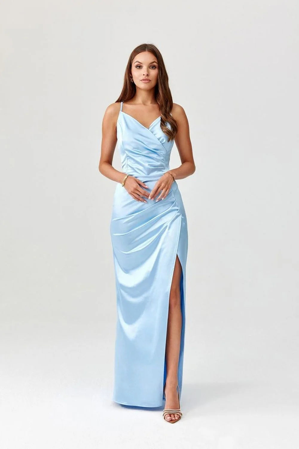 Robe longue Roco Fashion robe de soirée élégante longue manches courtes dos nu satin bleu ciel taille ajustable femme
