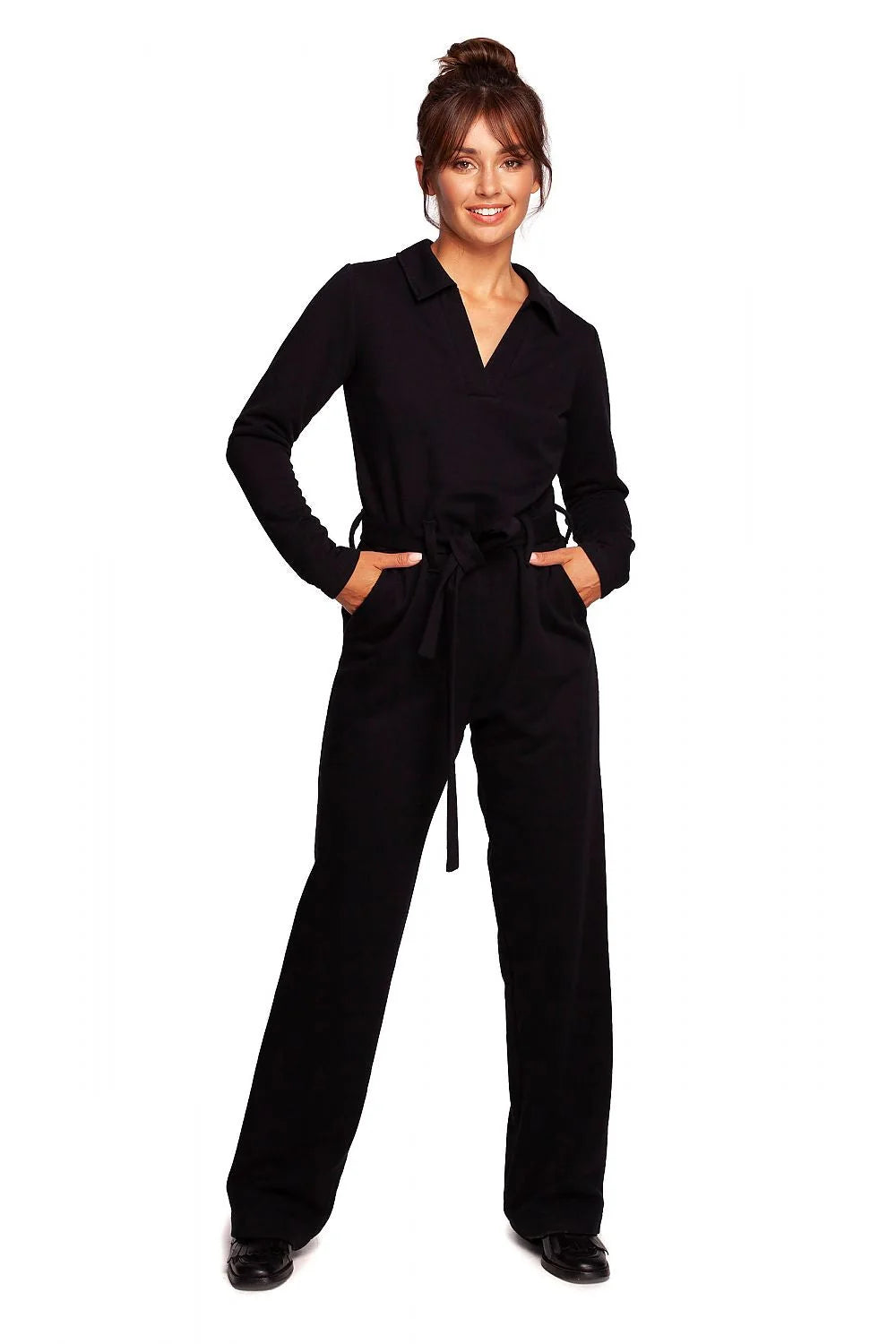 Combinaison Be Wear pour femme, violet intense, combi-pantalon ajusté, col classique, manches longues, ceinture intégrée, poches latérales, tissu doux, 90% coton, 10% polyester