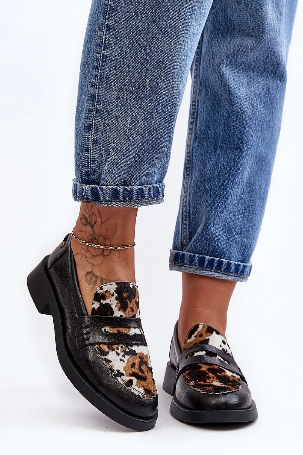 mocassins femme cuir noir imprimé léopard talon bloc semelle plateforme légère bout rond bride penny surpiqûres confort urbain chic sophistiqué