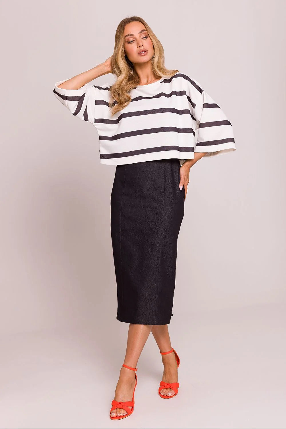 Chemisier Moe Femme en Tricot Rayures Horizontales Manches 3/4 Coupe Boxy Confort Élégance Mode Casual