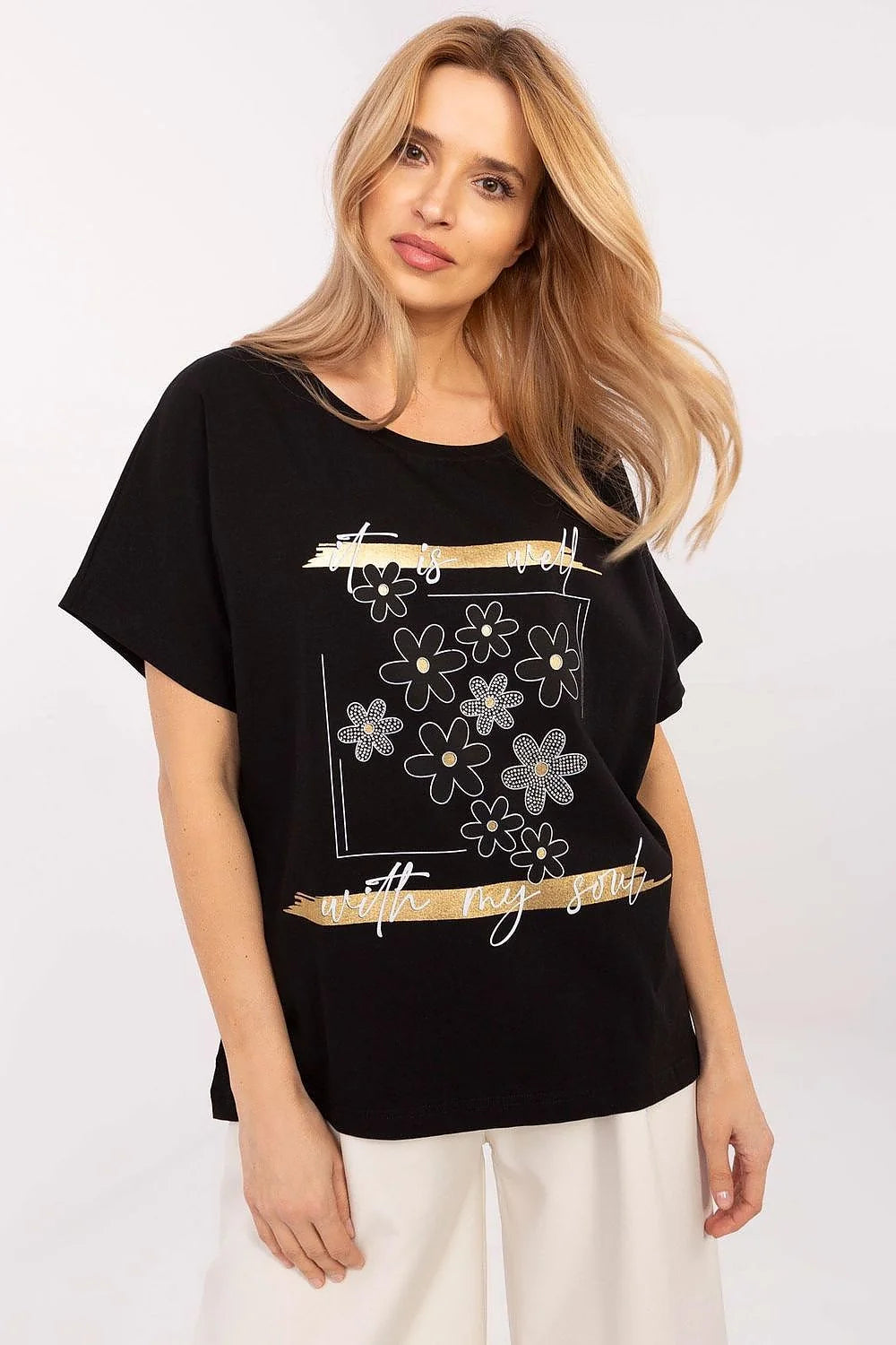 T-shirt femme décontracté élégant motif floral stylisé texte inspirant tissu coton court manches noires