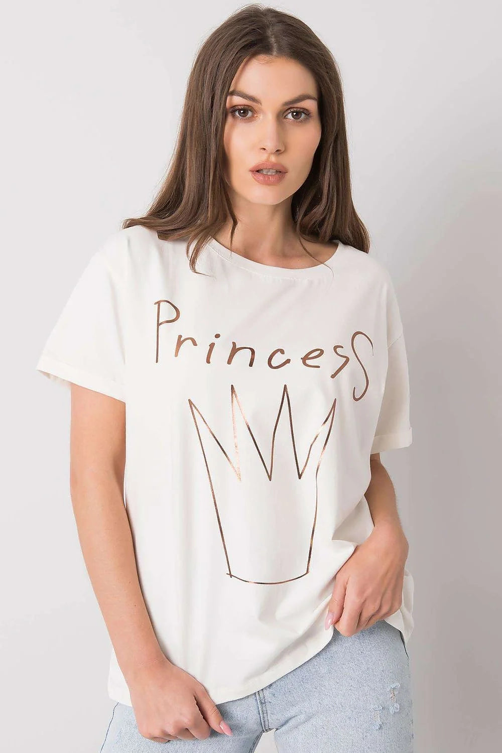 T-shirt Fancy pour femme, style décontracté, coupe ample, manches courtes, encolure ronde, impression graphique Princess, coton 95% lycra 5%, bleu clair, finitions épurées, mode Casual