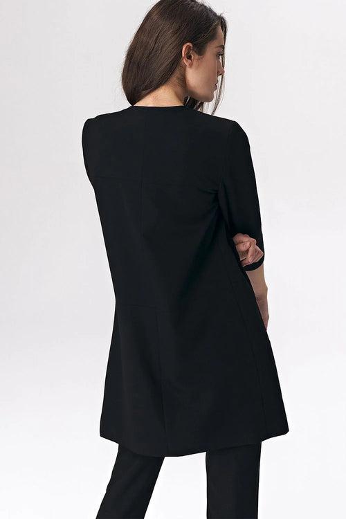 Blazer élégant pour femme longue sans fermeture épaules structurées tissu synthétique couleur noire polyester viscose