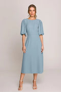 Robe midi romantique pour femme en tissu fluide manches bouffantes encolure ronde dos en V bleu doux taille ajustée