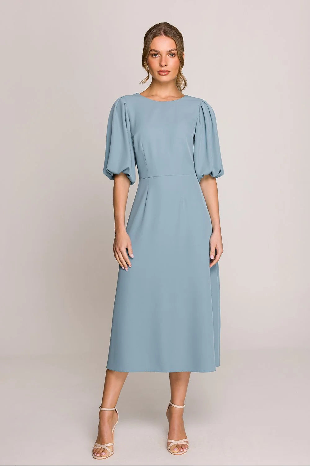 Robe midi romantique pour femme en tissu fluide manches bouffantes encolure ronde dos en V bleu doux taille ajustée