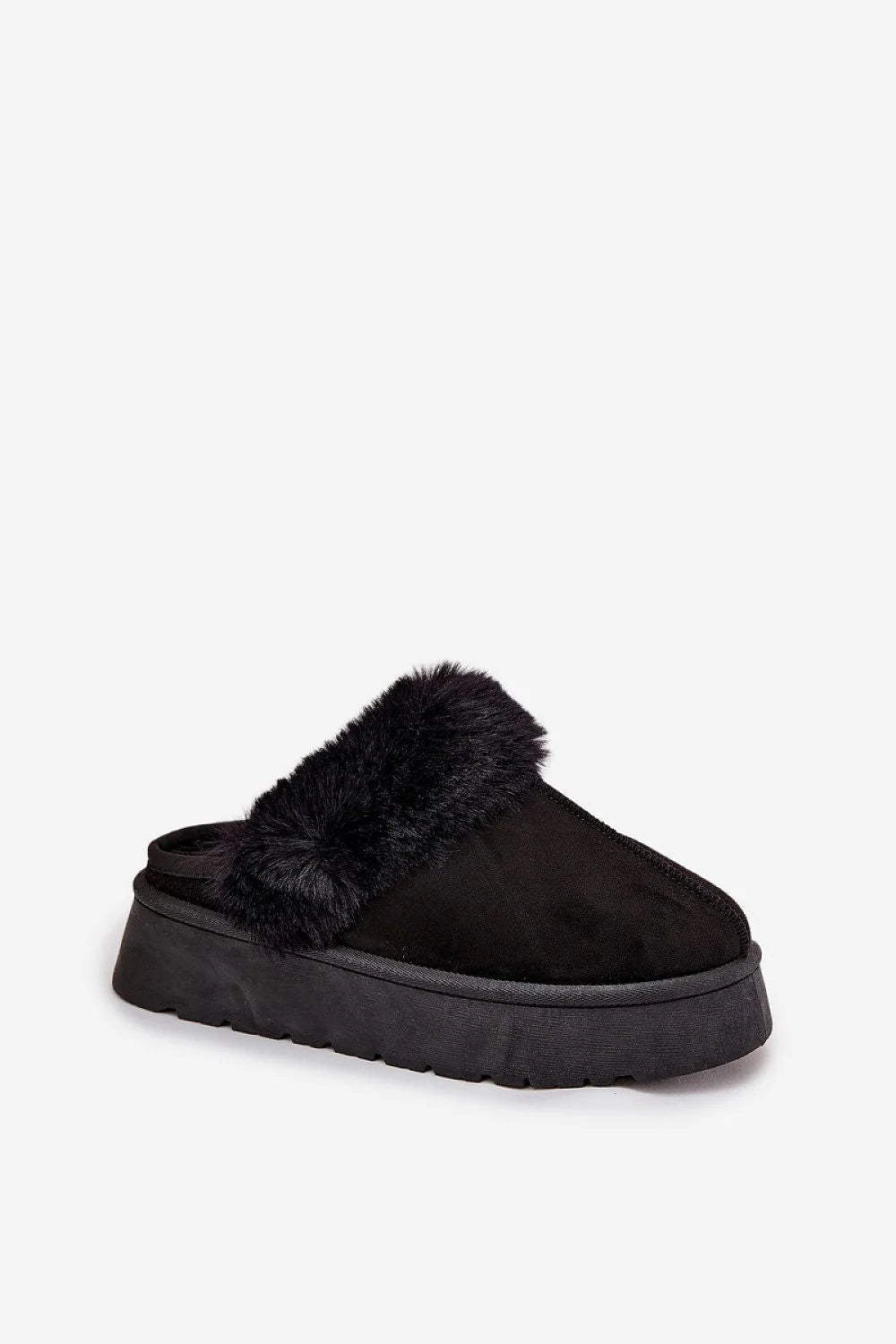 chaussons mules femme suédine écologique noir plateforme 4cm doublure fourrure chaude talon ouvert élastique slipon antidérapant semelle crantée confortable légère