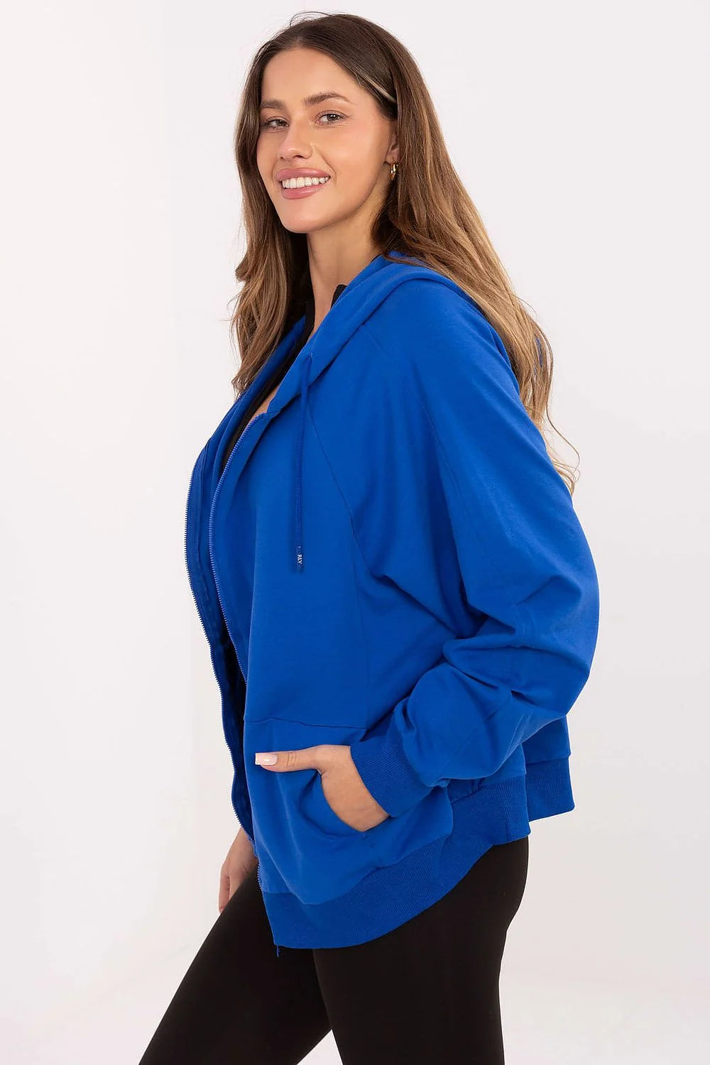sweatshirt femme capuche zippé bleuroyal oversize athleisure molleton doux coton stretch élasthanne manches longues poches plaquées