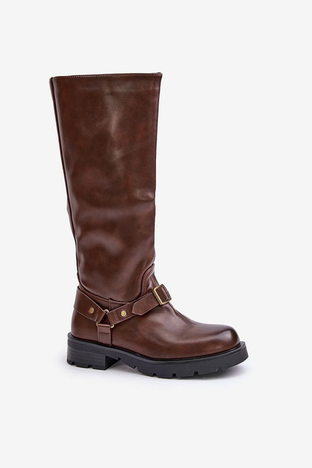 Bottes cuissardes élégantes pour femme en cuir brun vrai fermure éclair sangles boucle talon plat高4cm taille 36-37