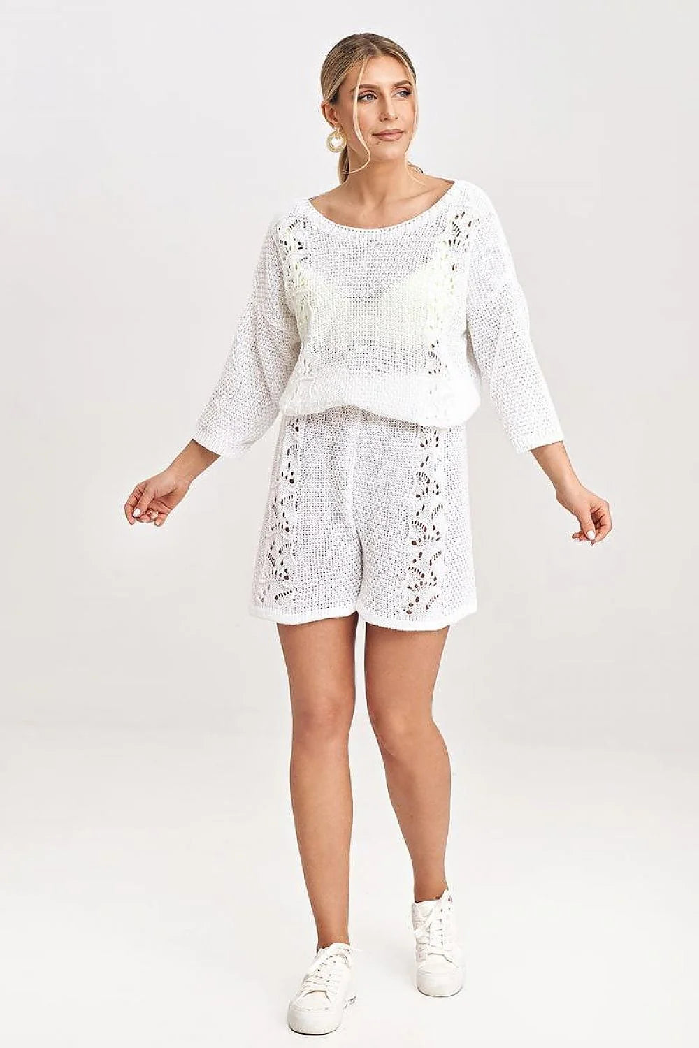 ensemble femme deux pièces crochet floral blanc oversize manches trois quarts short taille haute ajouré maille bohème chic respirant confortable