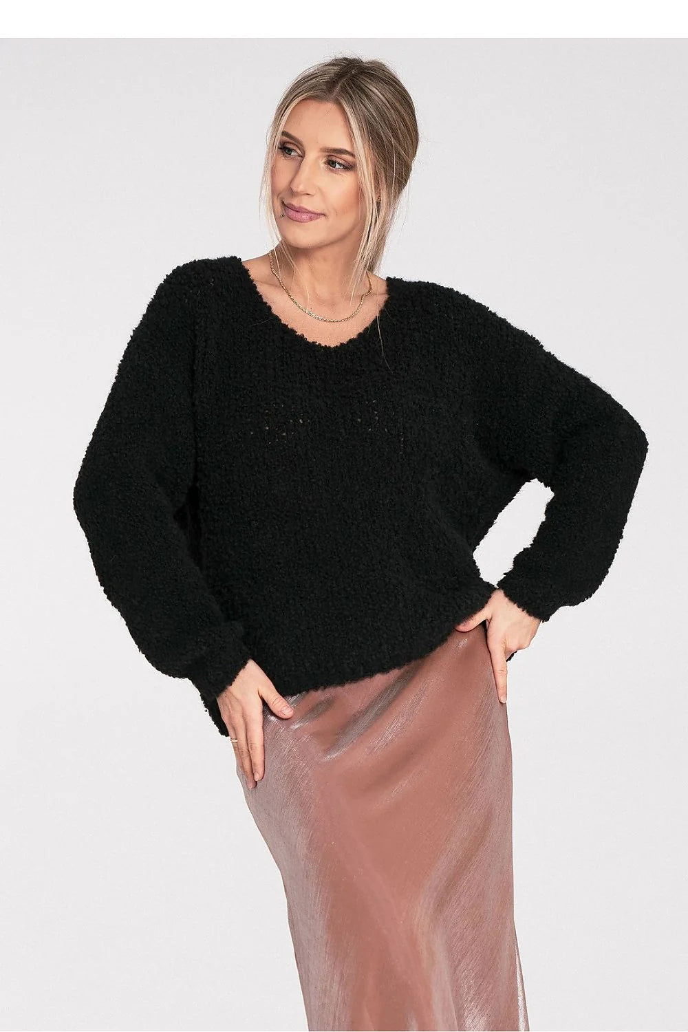 pull femme noir maille bouclette teddy oversize boxy encolure ronde manches longues volumineuses duveteuse chaude