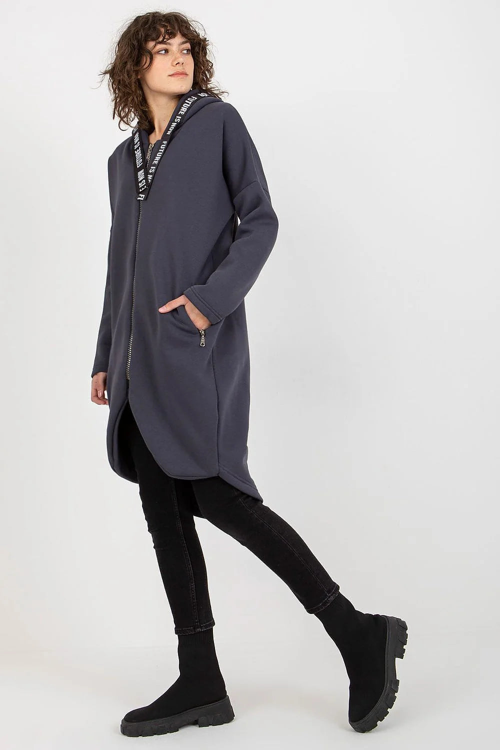Manteau Femme Style Contemporain Urban Asymétrique Bleu Sarcelle Matière Confortable Coupe Amples Manches Longues Capuche Zippée Poches Latérales Zippées Occasions Daily Casual Chic
