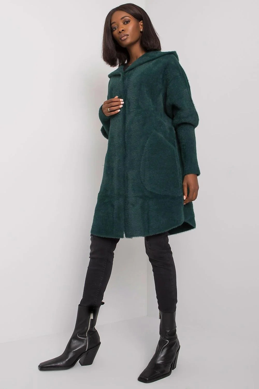 Manteau pour femme long élégant vert profond capuche matière douce poches latérales universelle femmes automne hiver