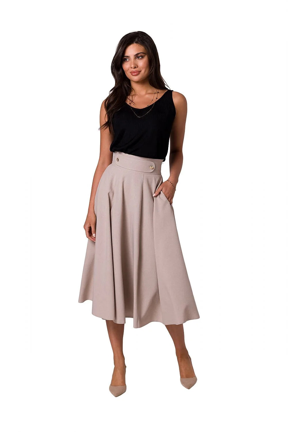 Jupe midi évasée taille haute ceinture intégrée boutons décoratifs dorés polyester fluide tombé léger rose poudré noir trapèze plissée