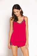 Pyjama féminin caraco dentelle rose prune élégant confortable style romantique shorty taille élastique satin